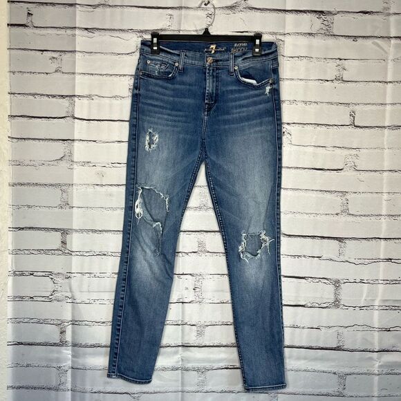 7 For All Mankind Blue Ankle Skinny Jeans Distressed SZ 29 Ripped High Waist Y2K - Picture 1 of 14